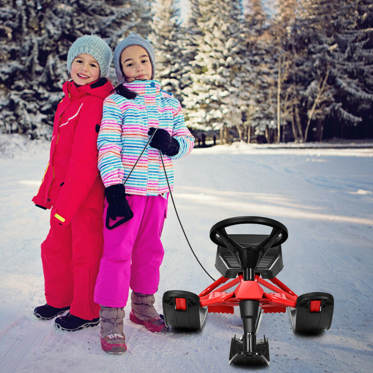 55.5 x 23.5 Inch Snow Sled with Steering Wheel and Double Brakes Pull Rope Slider Kids Crystal
