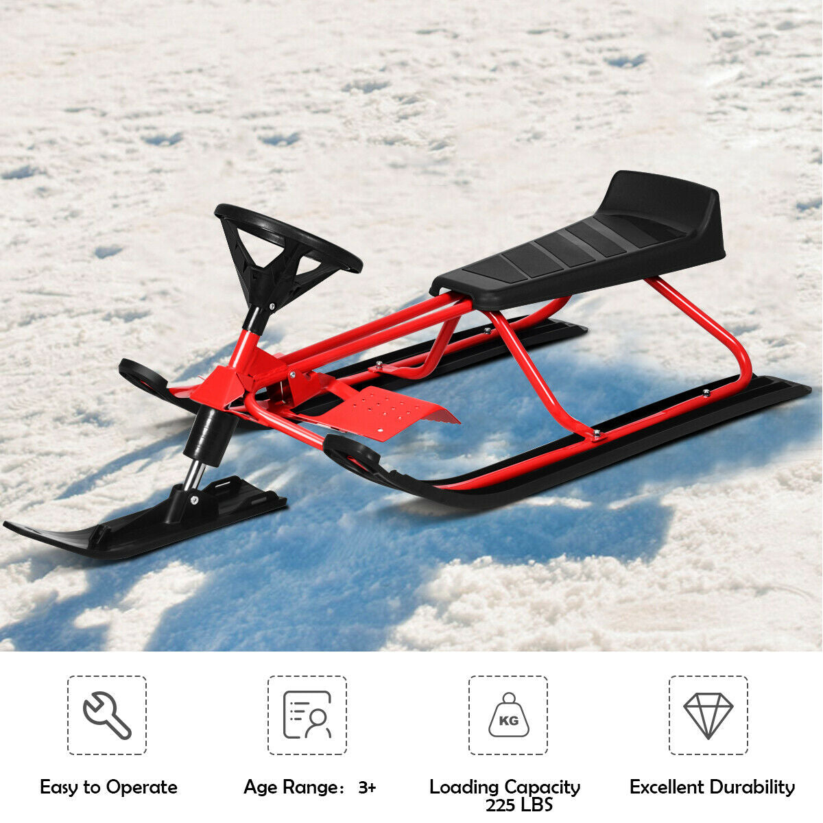 55.5 x 23.5 Inch Snow Sled with Steering Wheel and Double Brakes Pull Rope Slider Kids Crystal