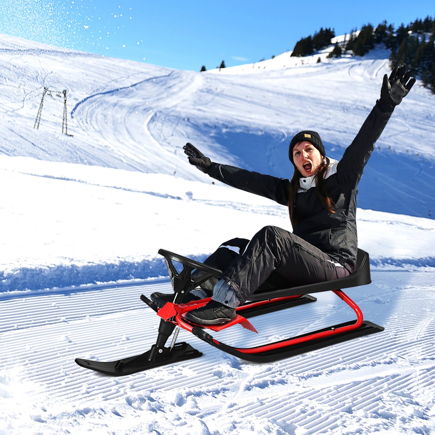 Kids Snow Sled withDouble Brakes Pull Rope and Steering Wheel Kids Crystal