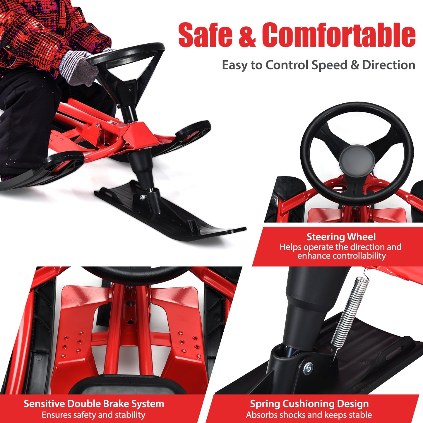 Kids Snow Sled withDouble Brakes Pull Rope and Steering Wheel Kids Crystal
