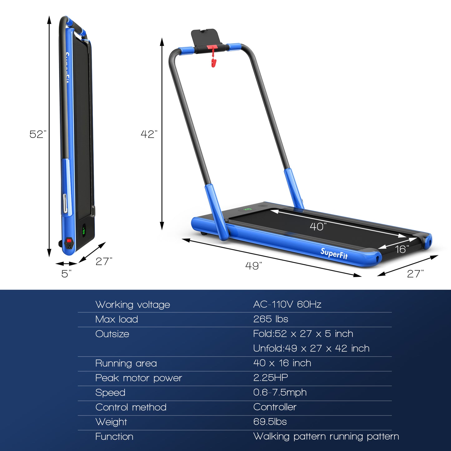 2-in-1 Folding Treadmill with Remote Control and LED Display-Blue Kids Crystal