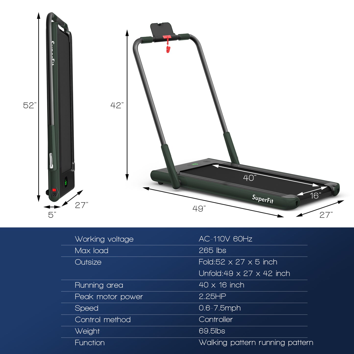 2-in-1 Folding Treadmill with Remote Control and LED Display-Green Kids Crystal