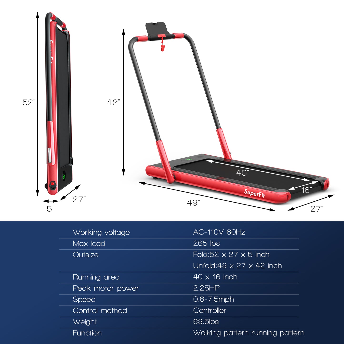 2-in-1 Folding Treadmill with Remote Control and LED Display-Red Kids Crystal