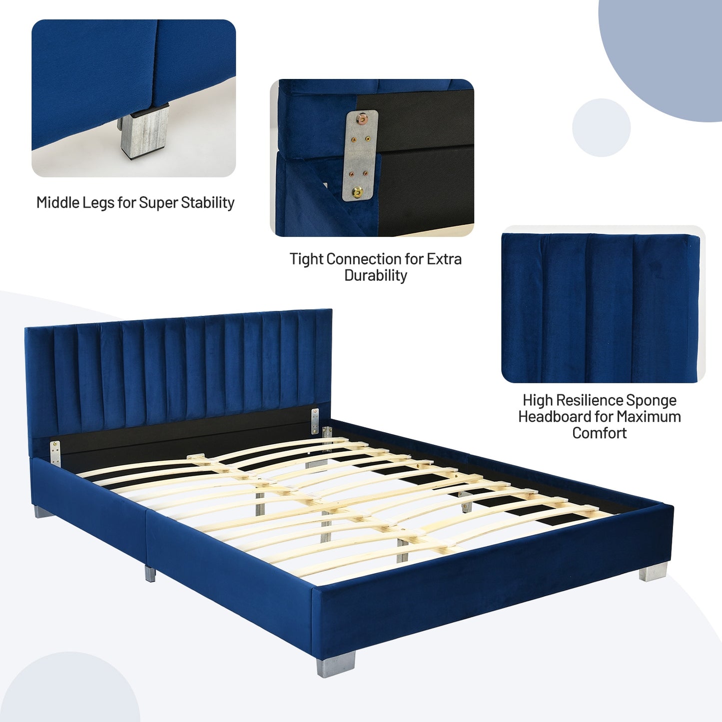 Full Tufted Upholstered Platform Bed Frame with Flannel Headboard-Navy Kids Crystal