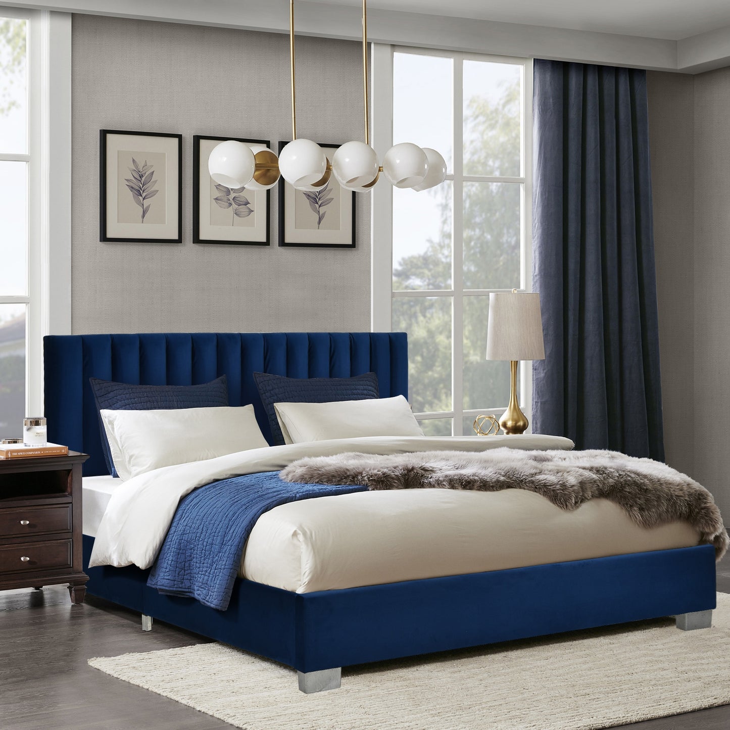 Full Tufted Upholstered Platform Bed Frame with Flannel Headboard-Navy Kids Crystal