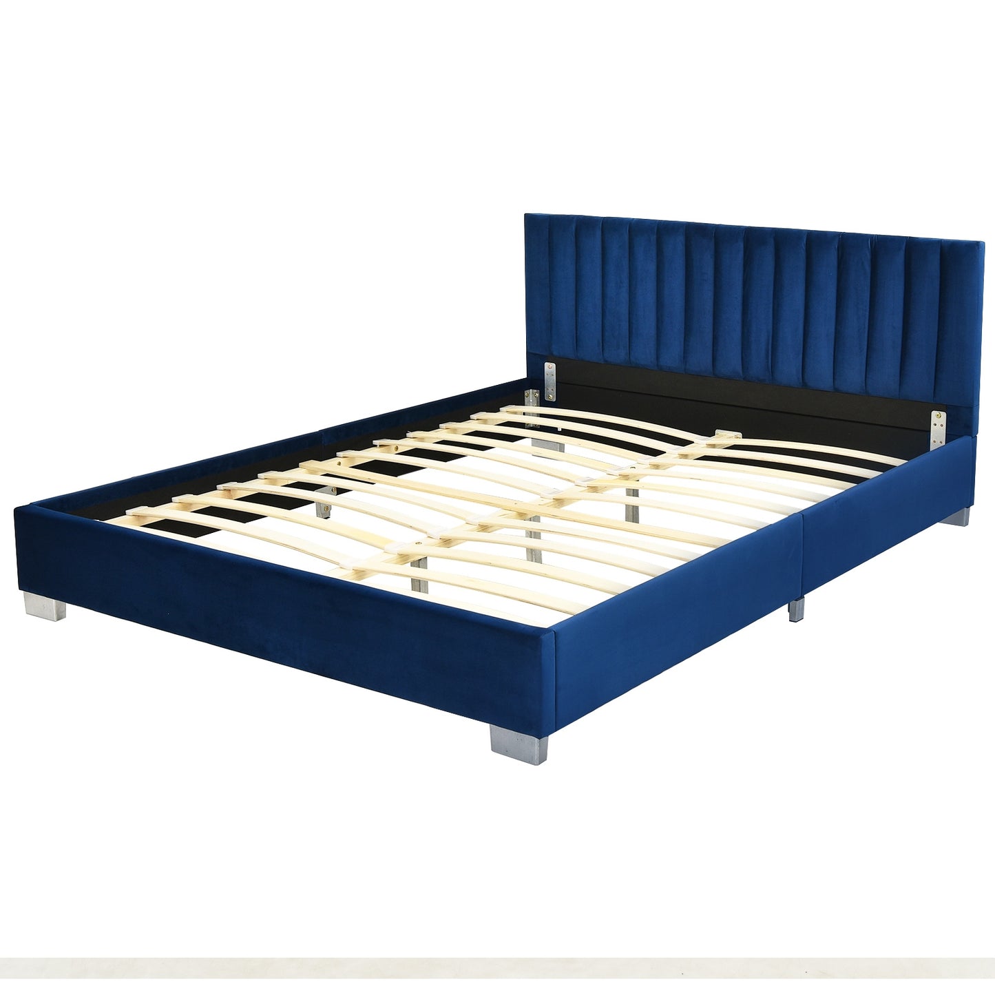 Full Tufted Upholstered Platform Bed Frame with Flannel Headboard-Navy Kids Crystal