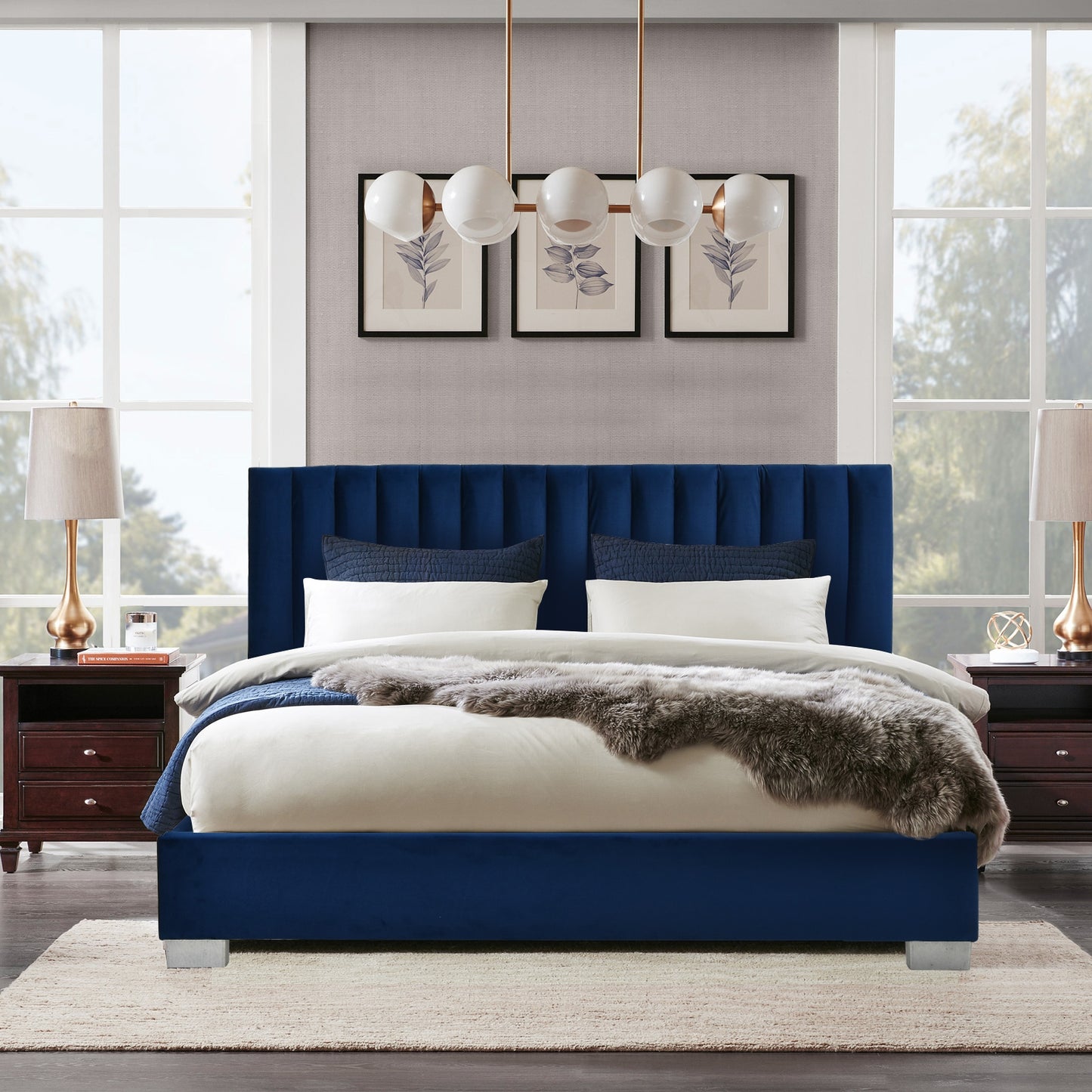 Full Tufted Upholstered Platform Bed Frame with Flannel Headboard-Navy Kids Crystal
