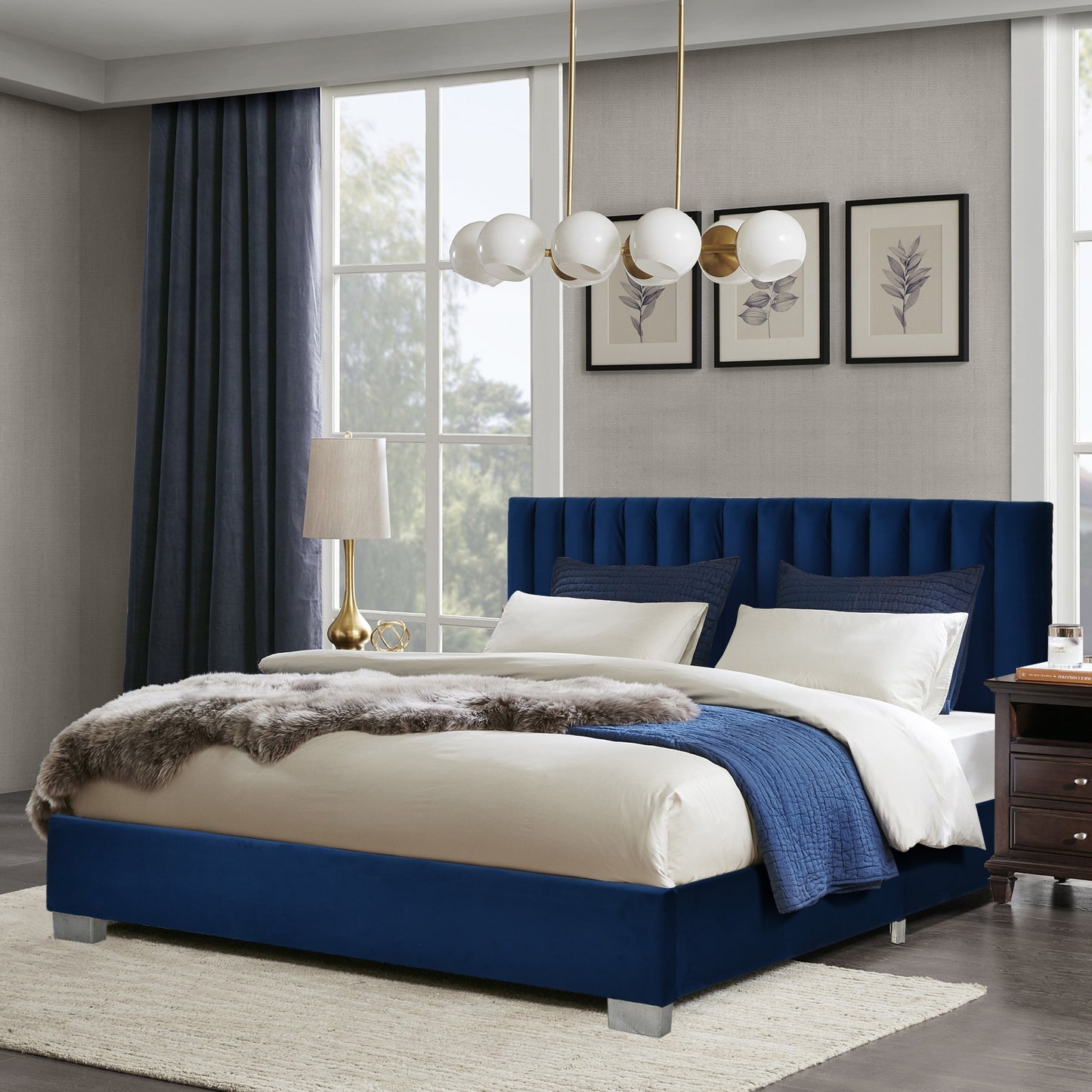 Full Tufted Upholstered Platform Bed Frame with Flannel Headboard-Navy Kids Crystal