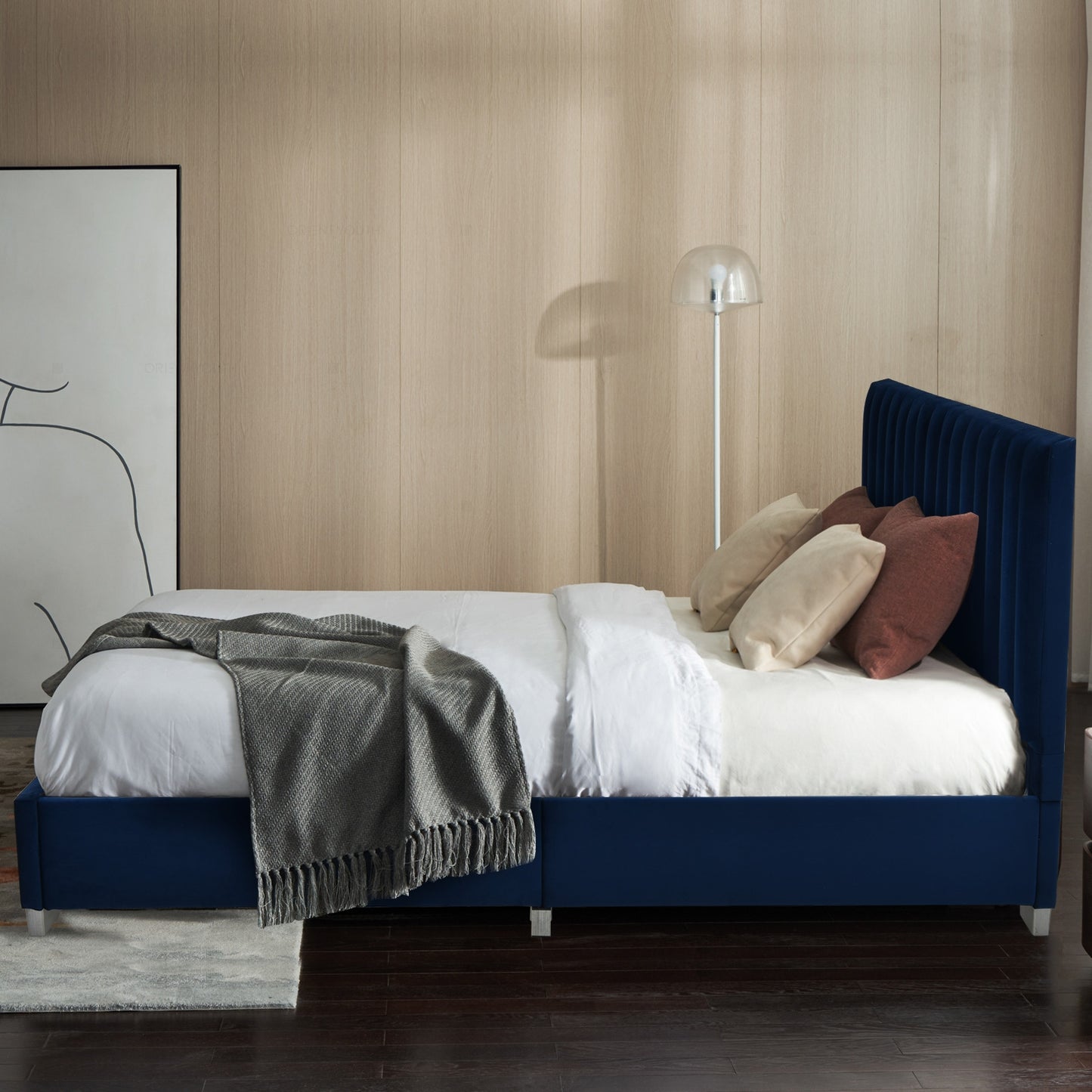 Full Tufted Upholstered Platform Bed Frame with Flannel Headboard-Navy Kids Crystal
