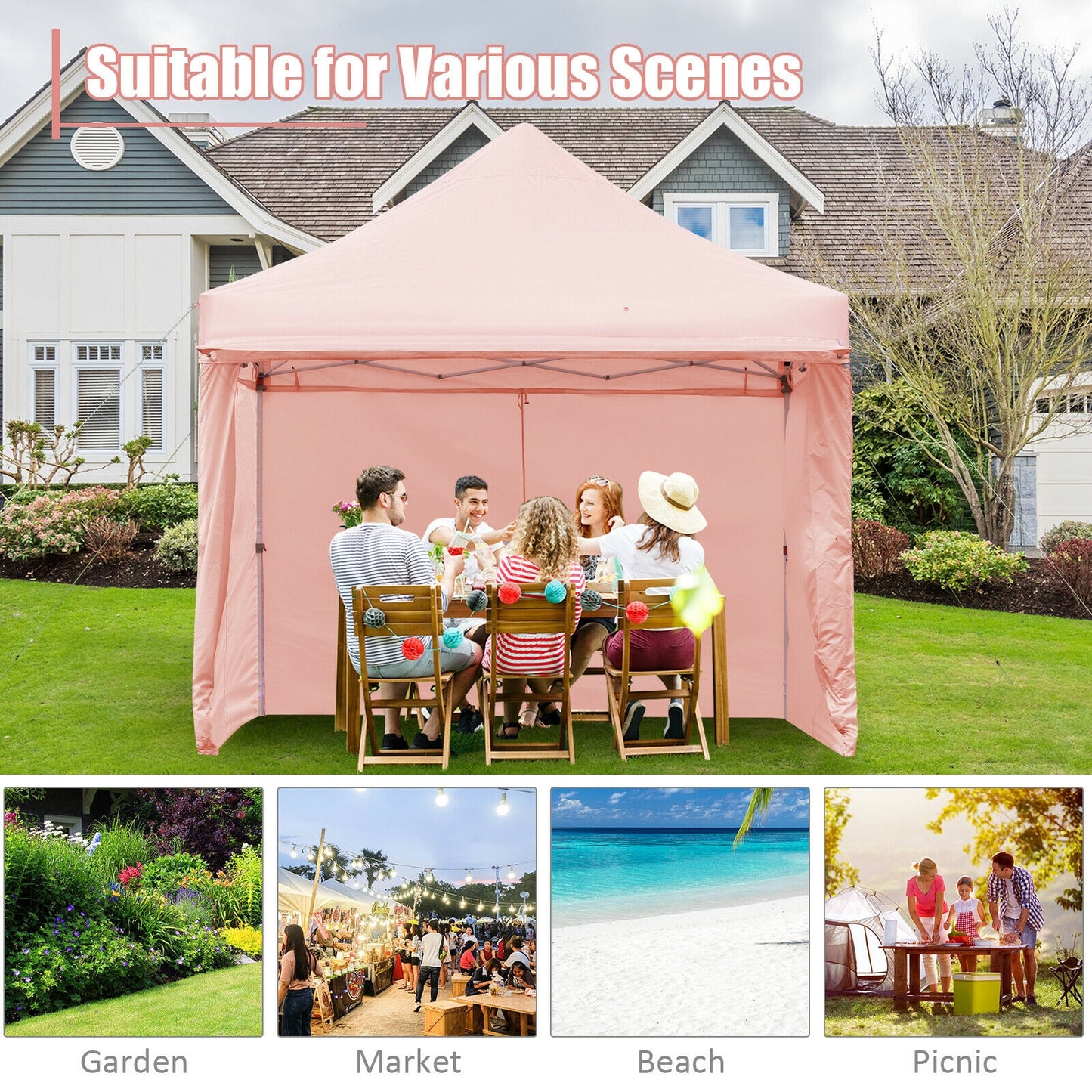 10 x 10 Feet Pop up Gazebo with 4 Height and Adjust Folding Awning-Pink Kids Crystal