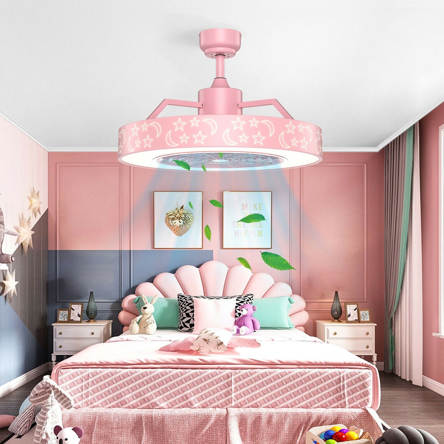 23 Inch Ceiling Fan with LED Light and Remote Control-Pink Kids Crystal