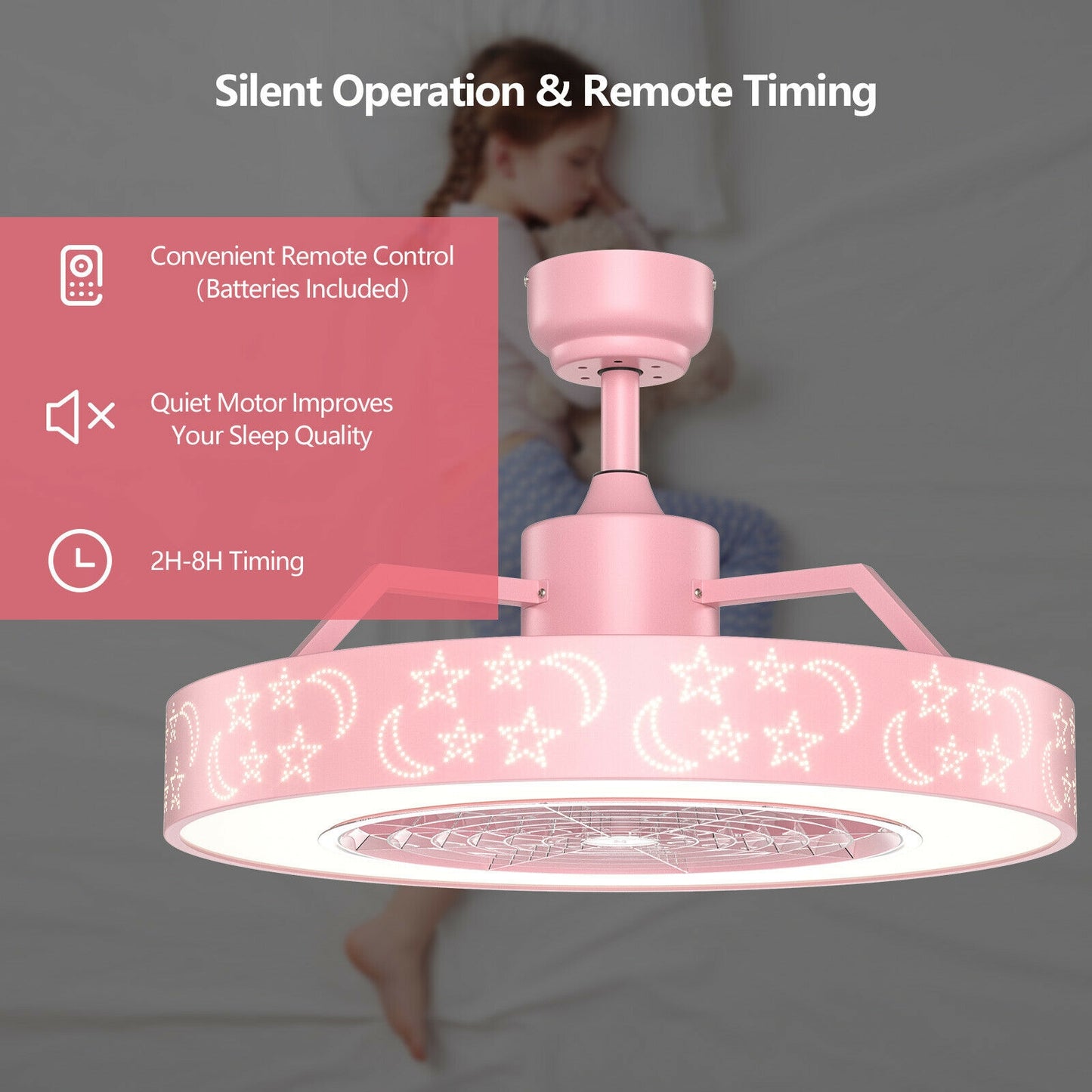 23 Inch Ceiling Fan with LED Light and Remote Control-Pink Kids Crystal