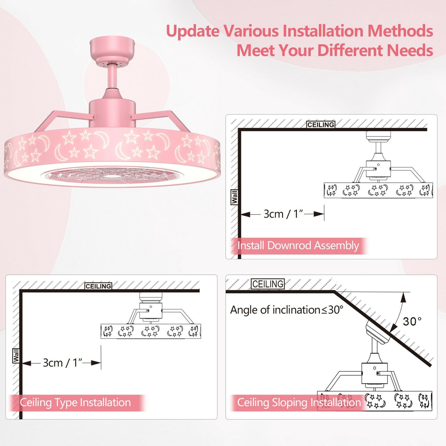 23 Inch Ceiling Fan with LED Light and Remote Control-Pink Kids Crystal