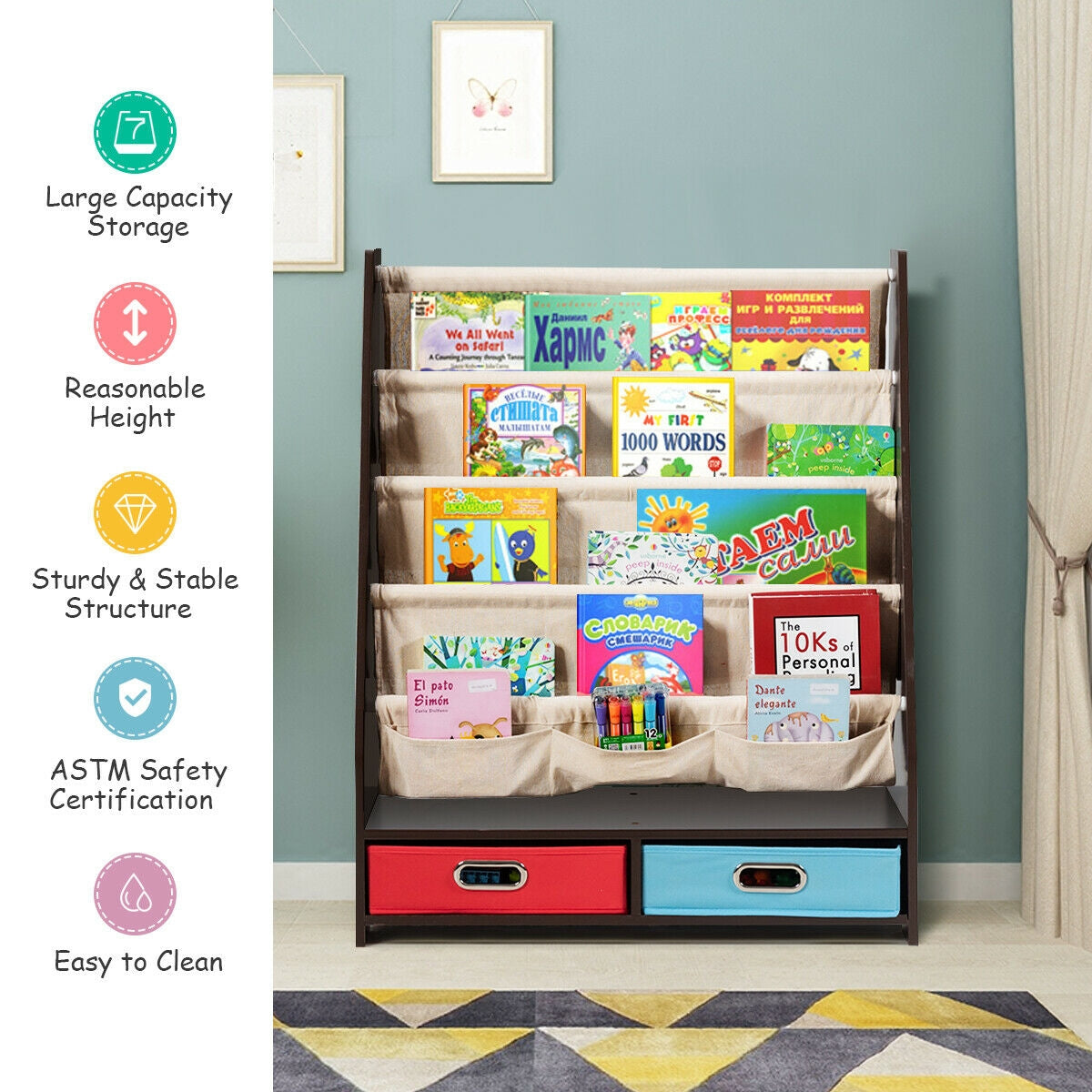 Kids Book and Toys Organizer Shelves-Brown Kids Crystal