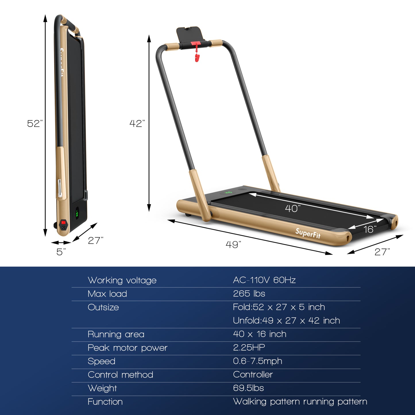 2-in-1 Folding Treadmill with Remote Control and LED Display-Golden Kids Crystal