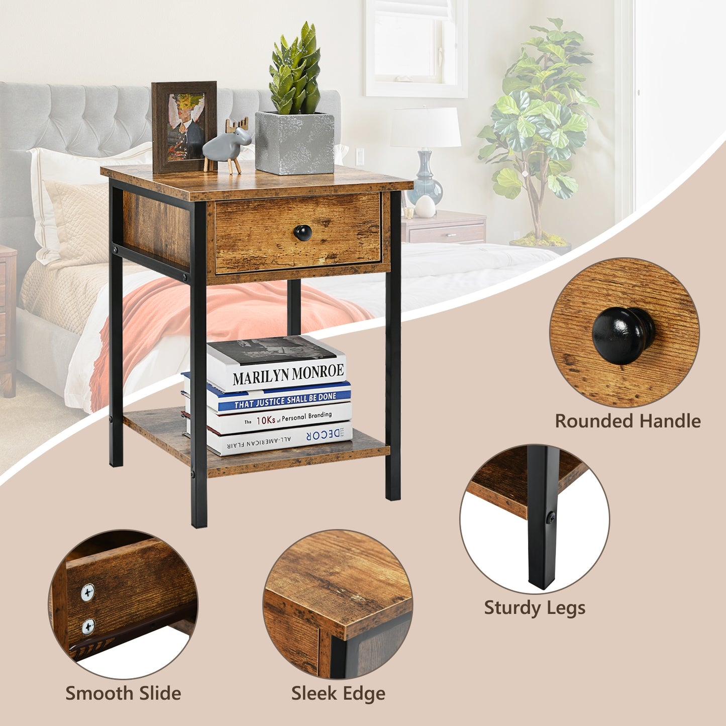 Industrial End Side Table Nightstand with Drawer Shelf-Rustic Brown Kids Crystal