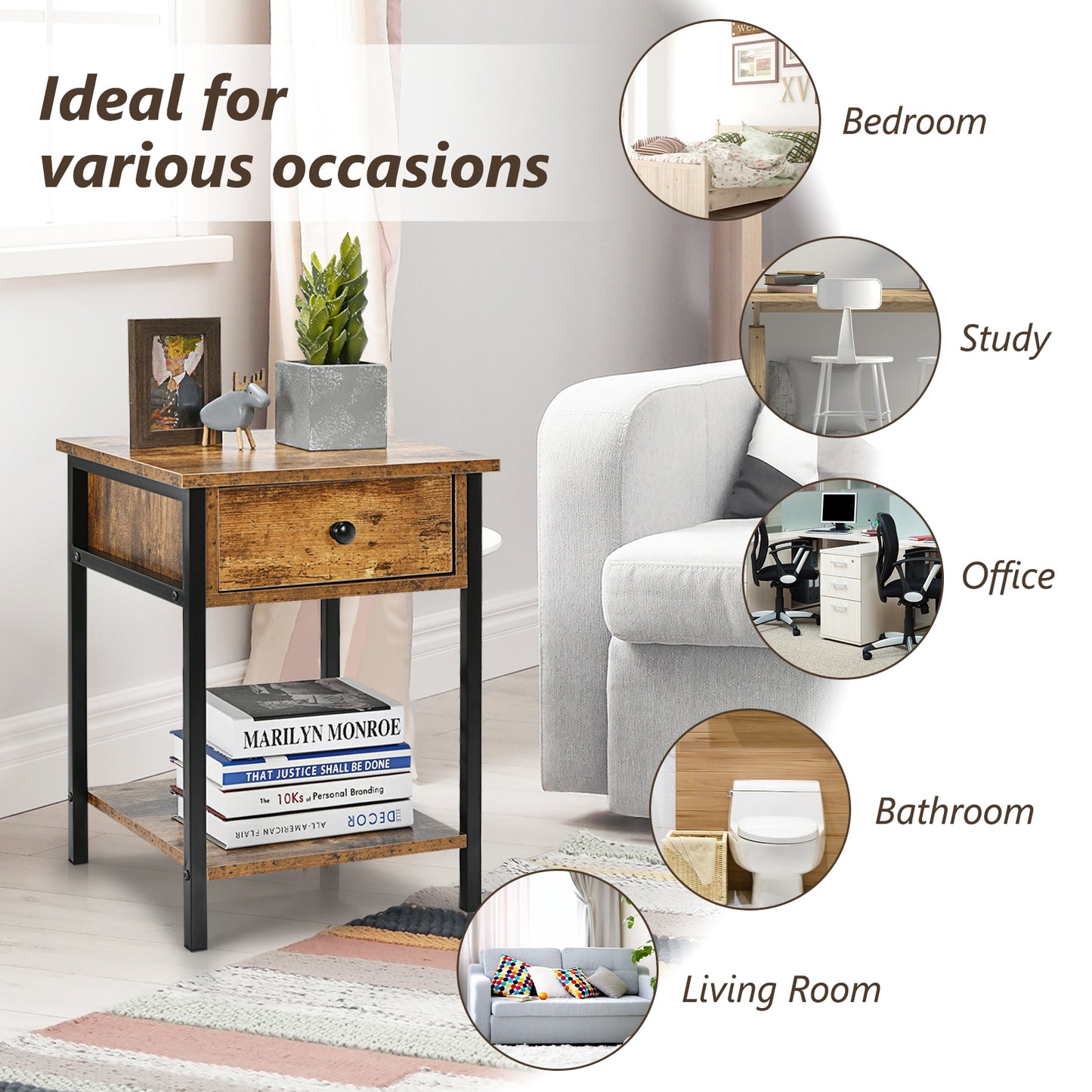 Industrial End Side Table Nightstand with Drawer Shelf-Rustic Brown Kids Crystal