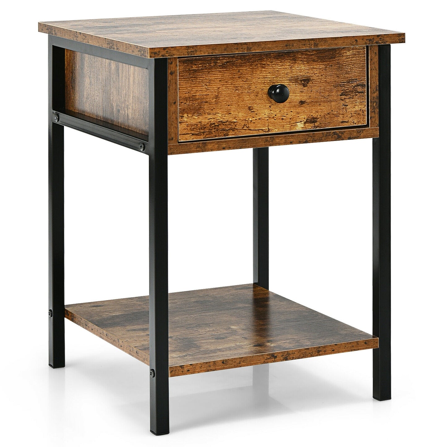 Industrial End Side Table Nightstand with Drawer Shelf-Rustic Brown Kids Crystal