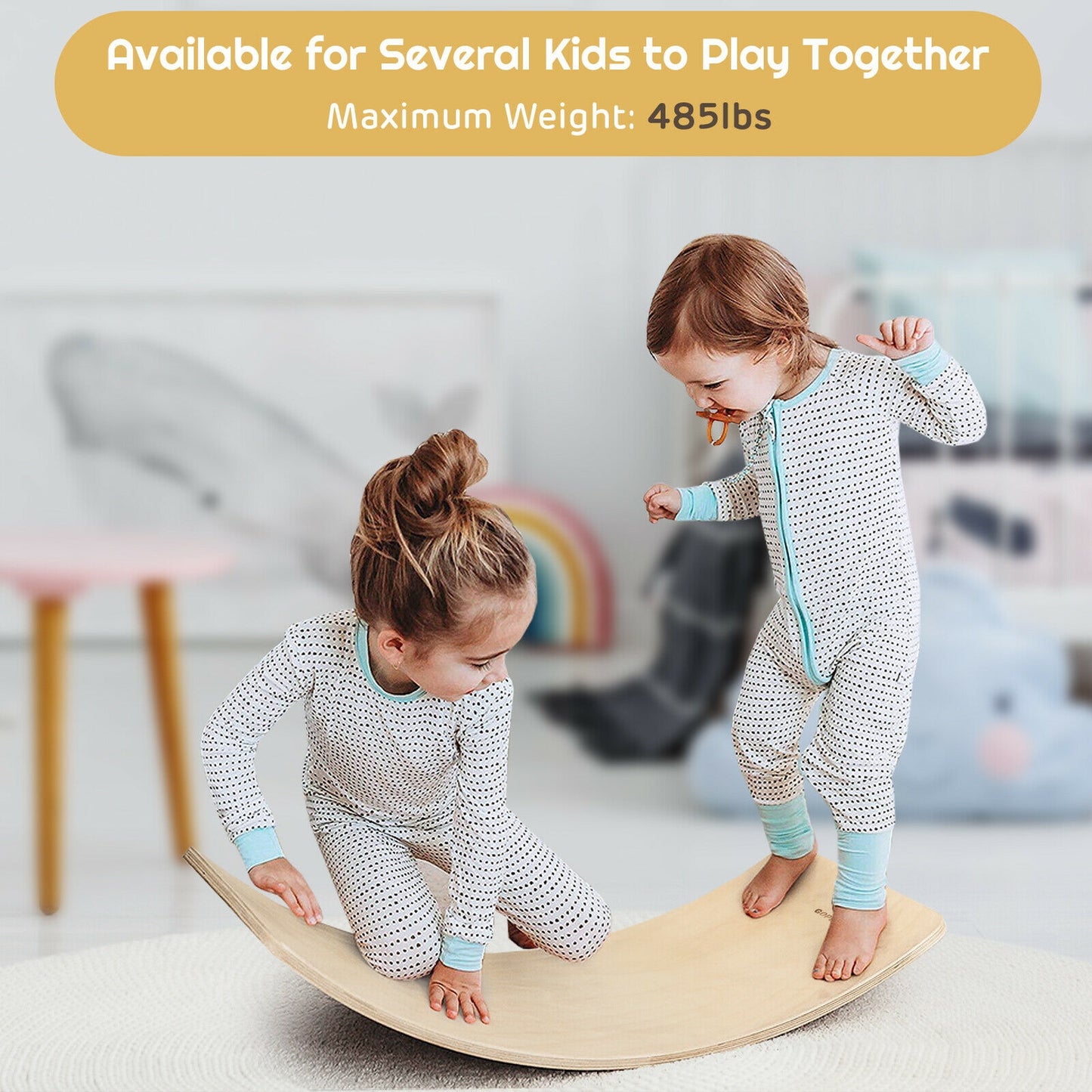 35 Inch Wooden Wobble Balance Board Kids Rocker Yoga Curvy Board Toy with Felt Layer-Natural