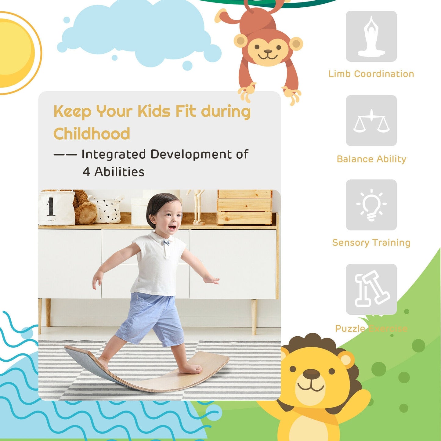 35 Inch Wooden Wobble Balance Board Kids Rocker Yoga Curvy Board Toy with Felt Layer-Natural