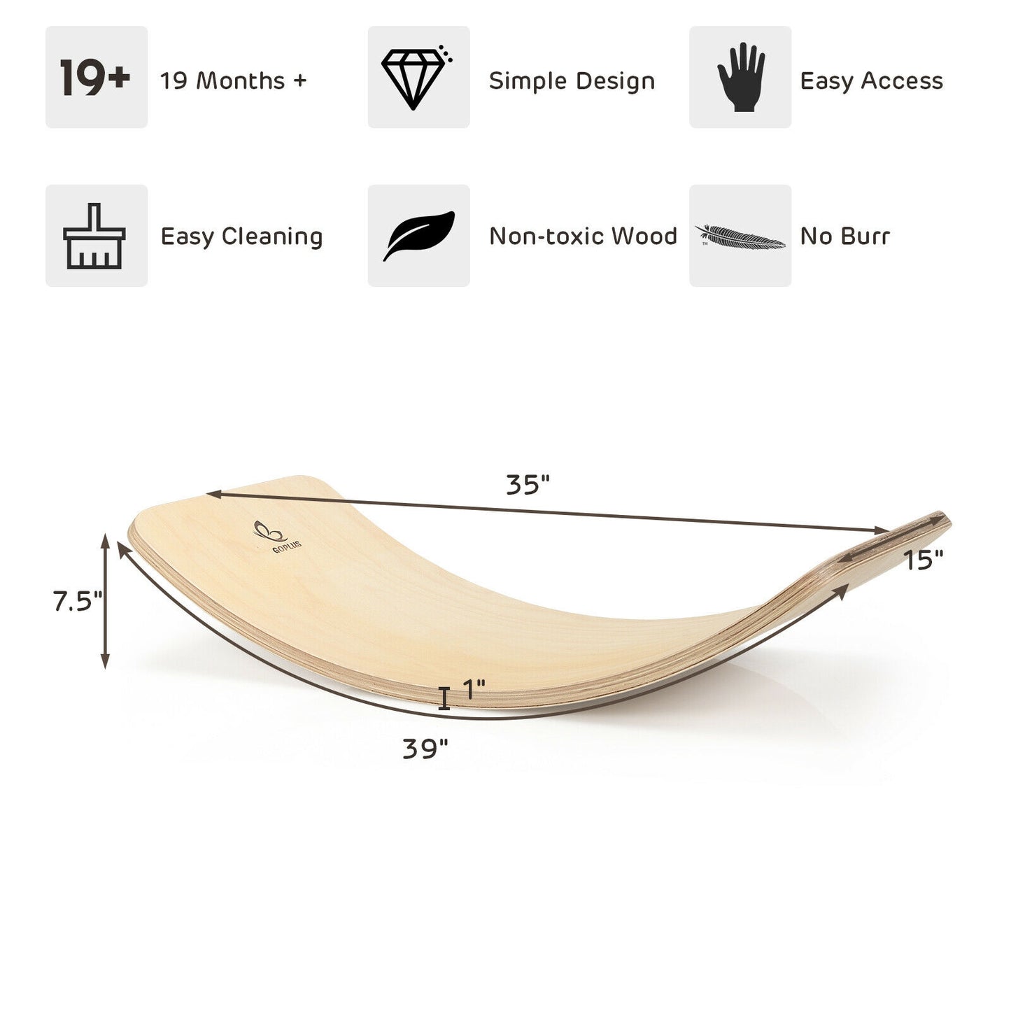 35 Inch Wooden Wobble Balance Board Kids Rocker Yoga Curvy Board Toy with Felt Layer-Natural