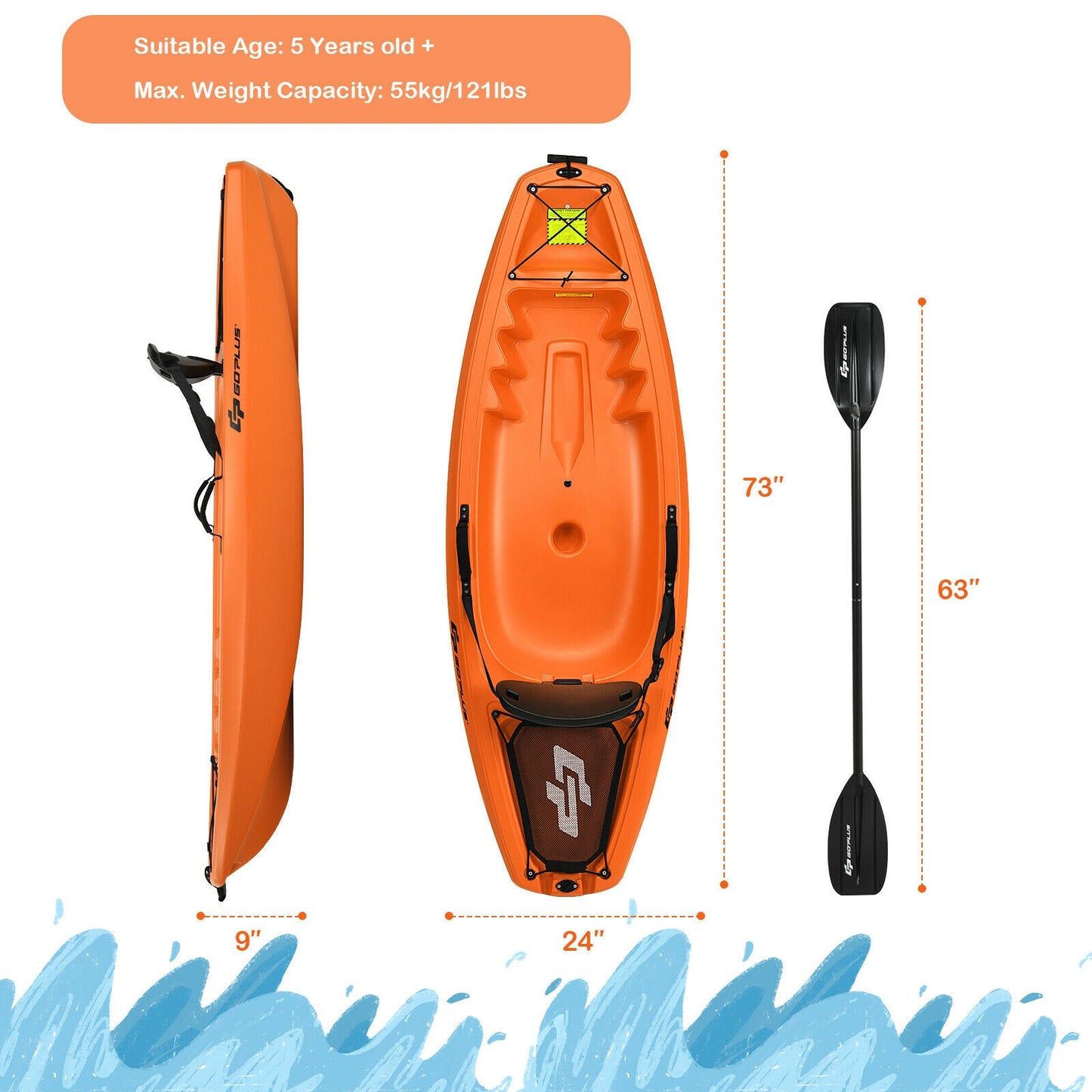 6 Feet Youth Kids Kayak with Bonus Paddle and Folding Backrest for Kid Over 5-Orange Kids Crystal
