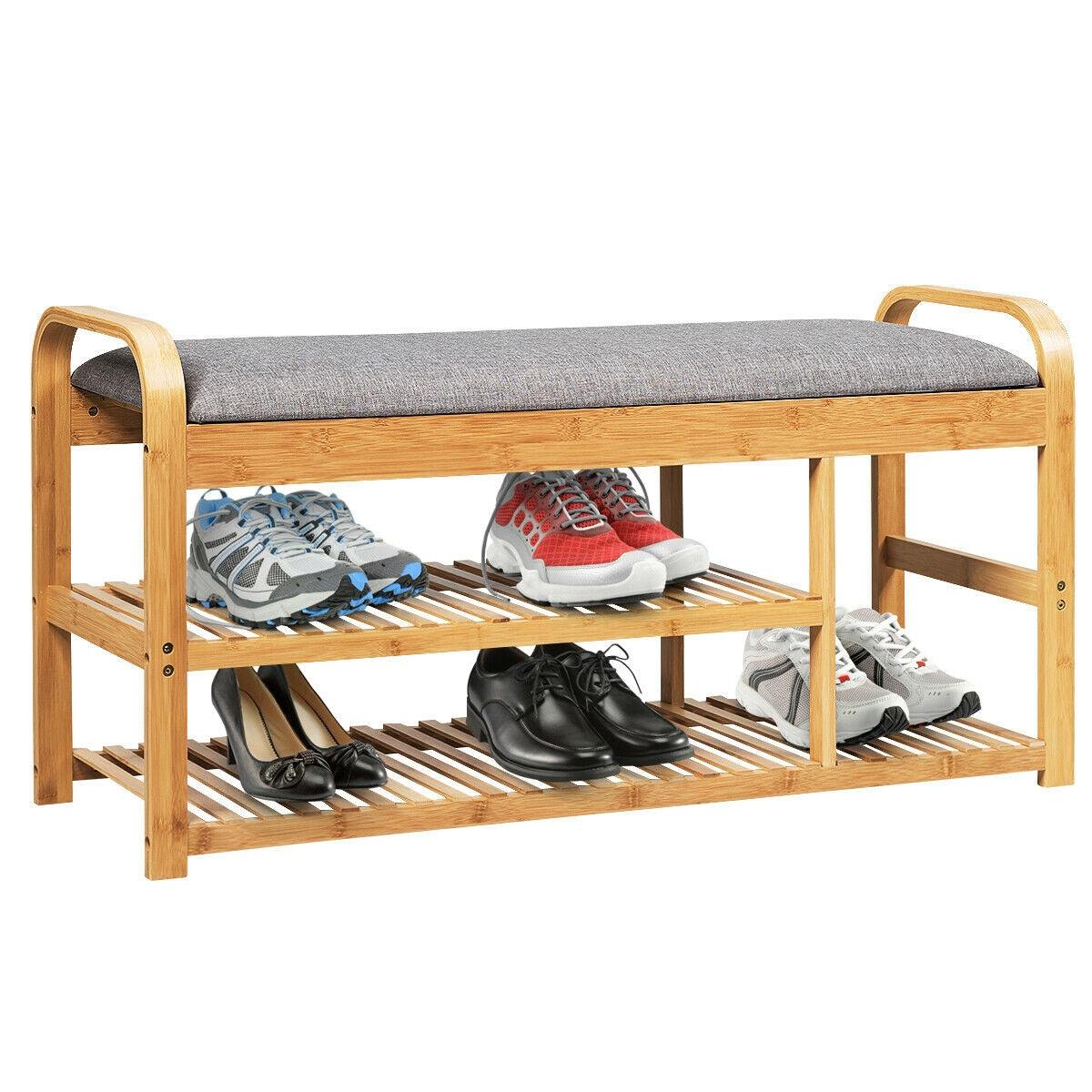 3-Tier Bamboo Shoe Rack Bench with Cushion-Natural Kids Crystal