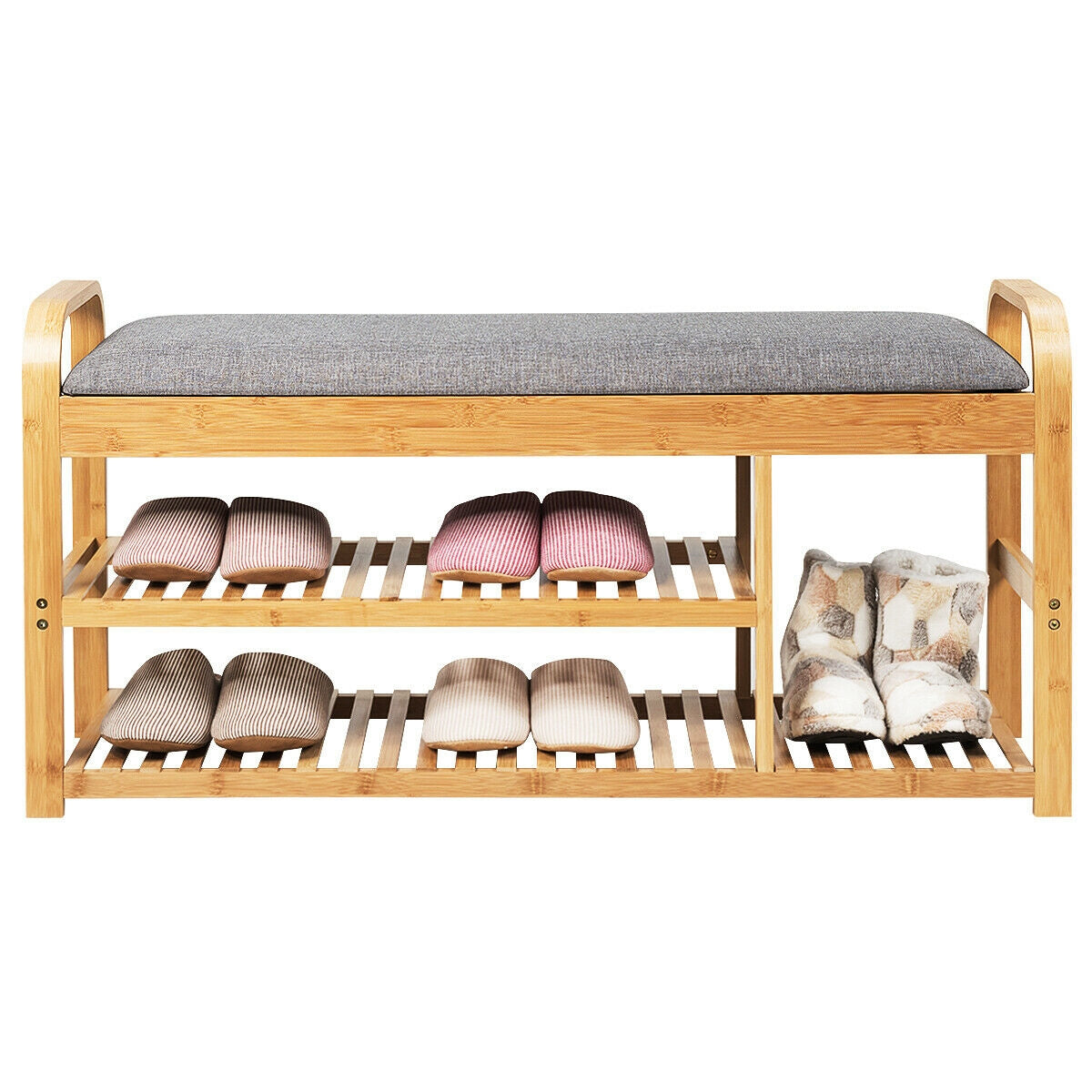 3-Tier Bamboo Shoe Rack Bench with Cushion-Natural Kids Crystal
