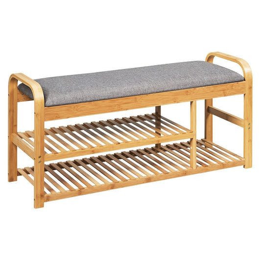 3-Tier Bamboo Shoe Rack Bench with Cushion-Natural Kids Crystal