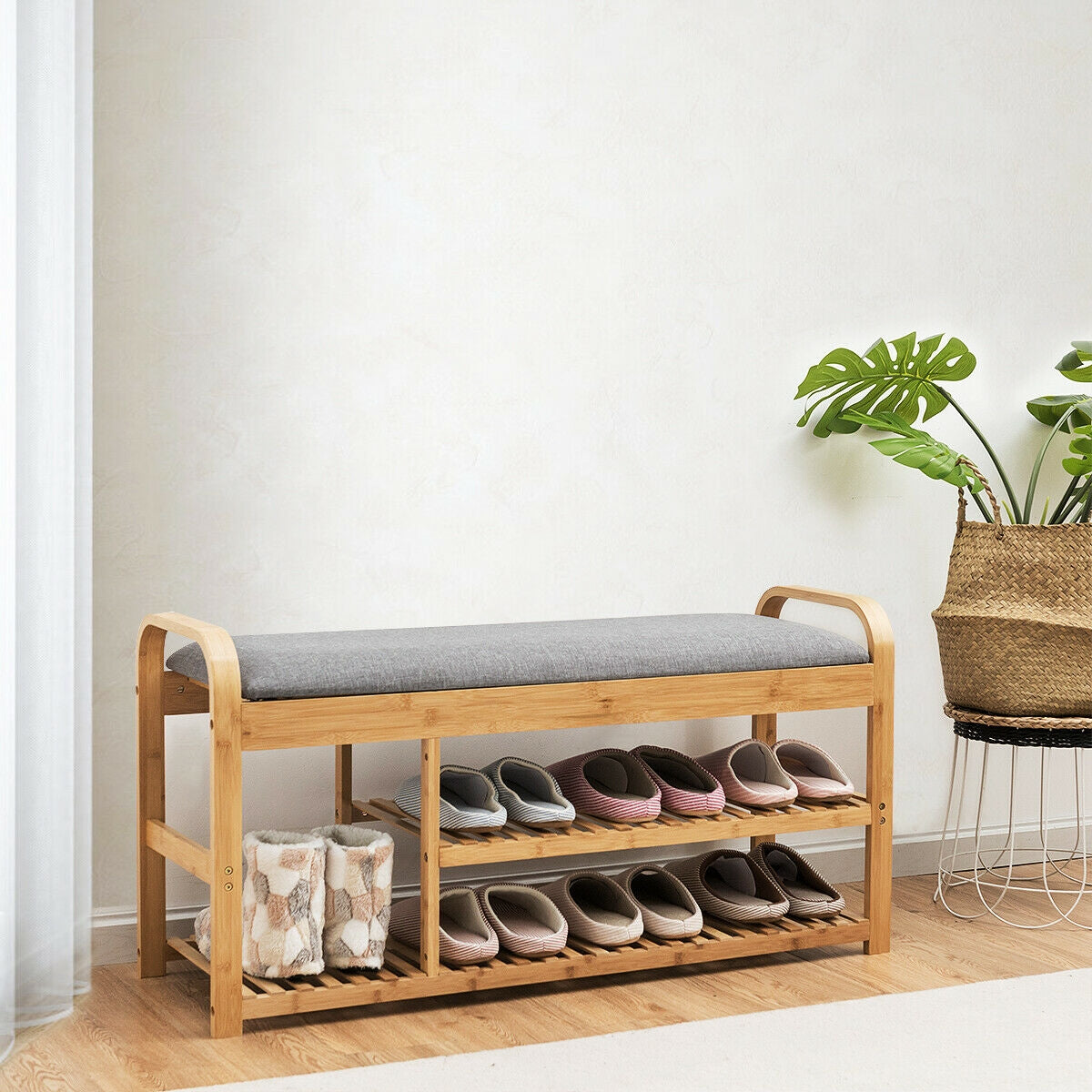 3-Tier Bamboo Shoe Rack Bench with Cushion-Natural Kids Crystal
