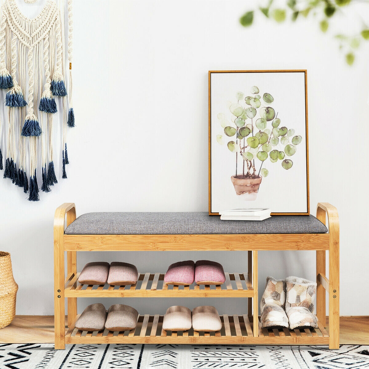 3-Tier Bamboo Shoe Rack Bench with Cushion-Natural Kids Crystal