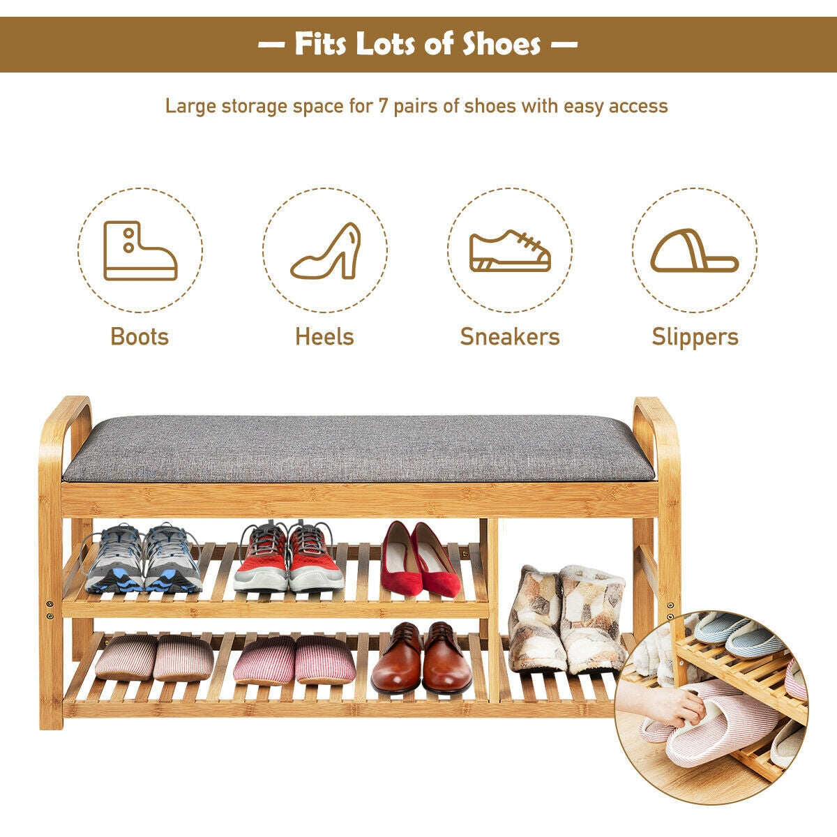 3-Tier Bamboo Shoe Rack Bench with Cushion-Natural Kids Crystal