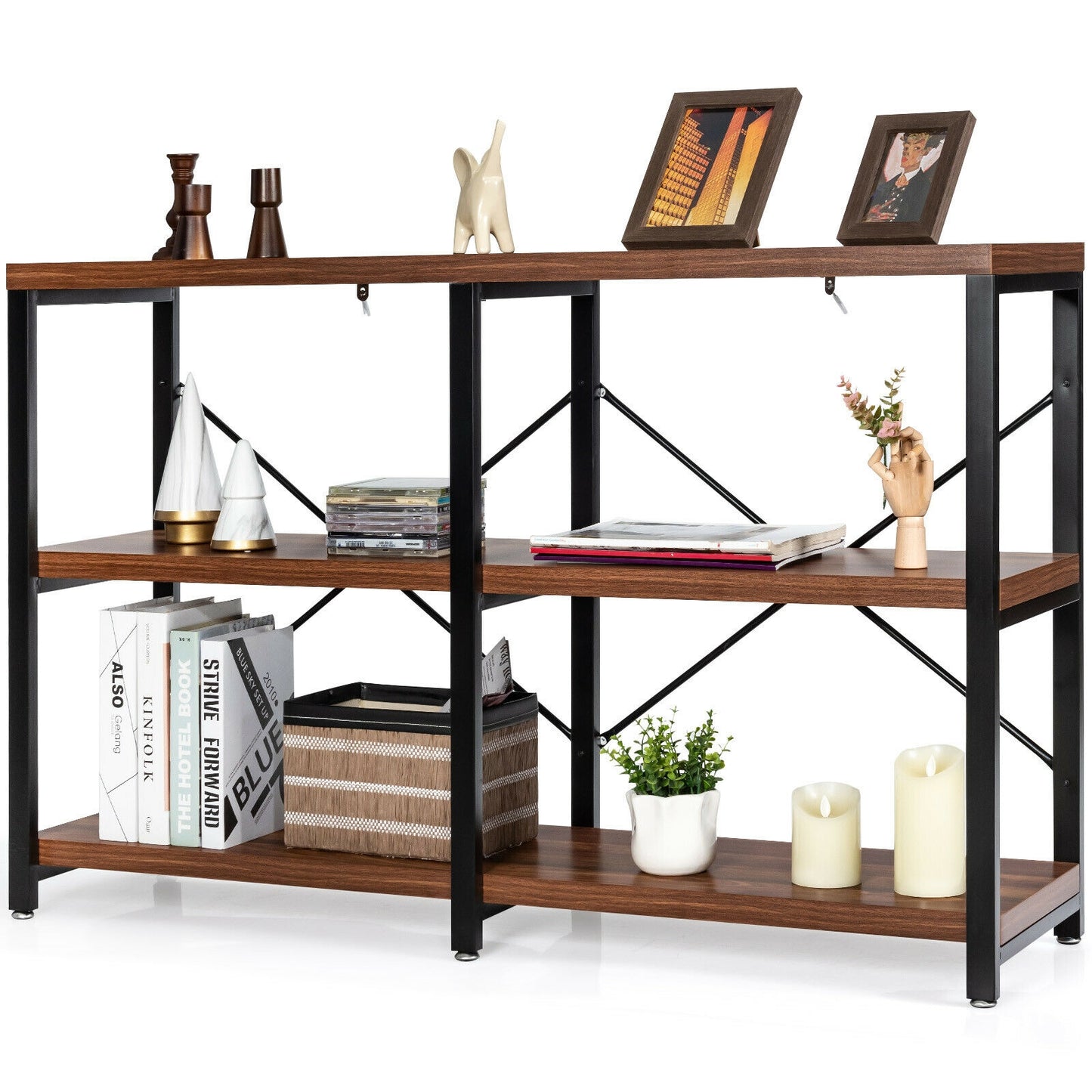 3 Tier 47 Inch Console Metal Frame Sofa Table-Rustic Brown Kids Crystal