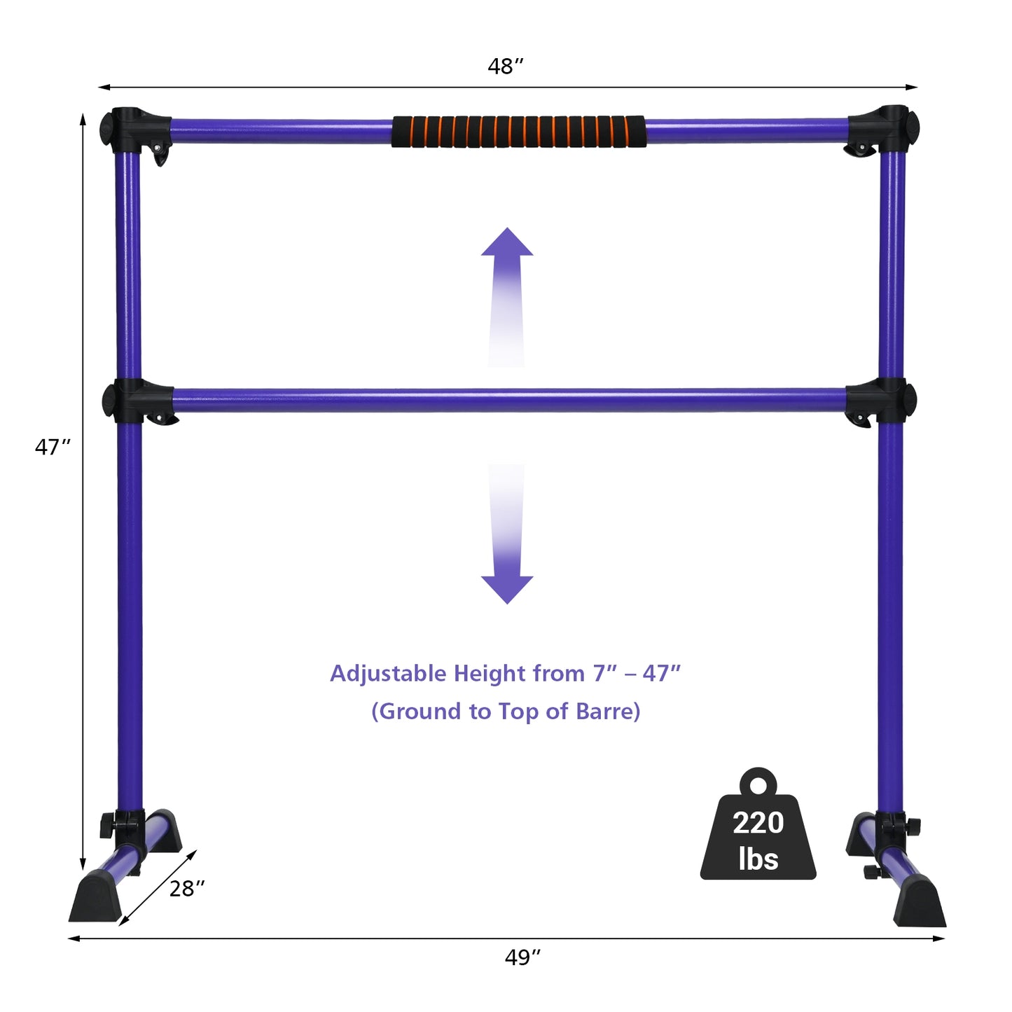 4 Feet Portable Freestanding Stable Construction Pilates Ballet Barre with Double Dance Bar-Purple Kids Crystal