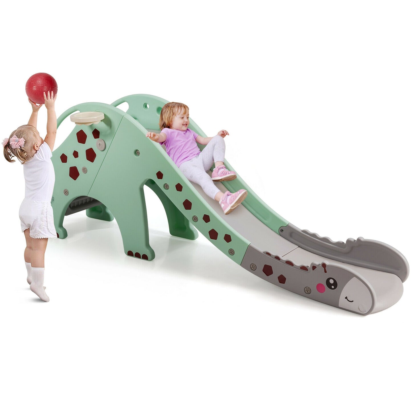 3-in-1 Kids Climber Slide Play Set with Basketball Hoop-Green Kids Crystal