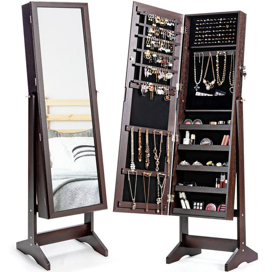 Jewelry Cabinet Stand Mirror Armoire with Large Storage Box-Brown Kids Crystal