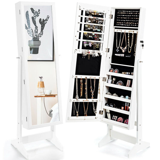 Jewelry Cabinet Stand Mirror Armoire with Large Storage Box-White Kids Crystal