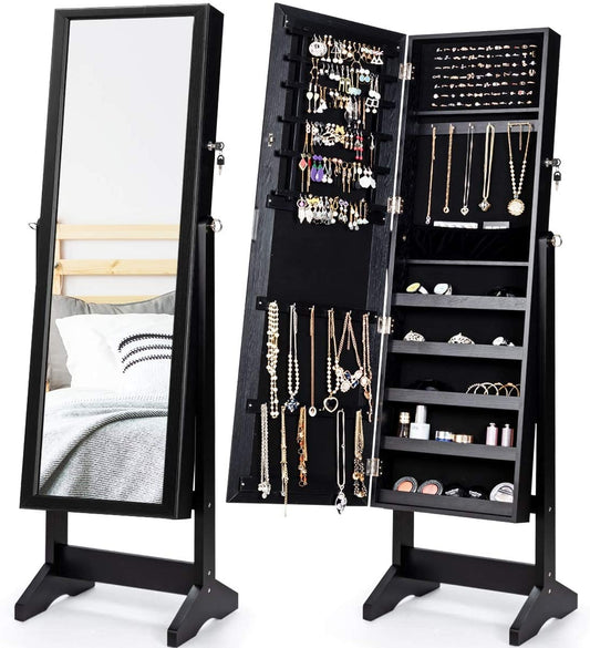 Jewelry Cabinet Stand Mirror Armoire with Large Storage Box-Black Kids Crystal