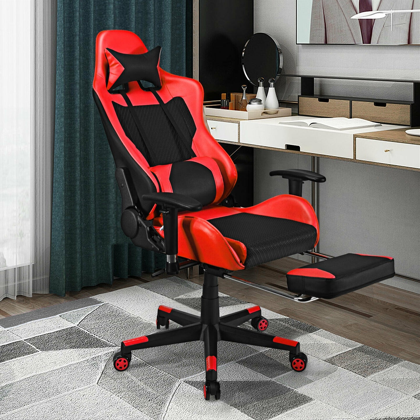 PU Leather Gaming Chair with USB Massage Lumbar Pillow and Footrest-Red Kids Crystal