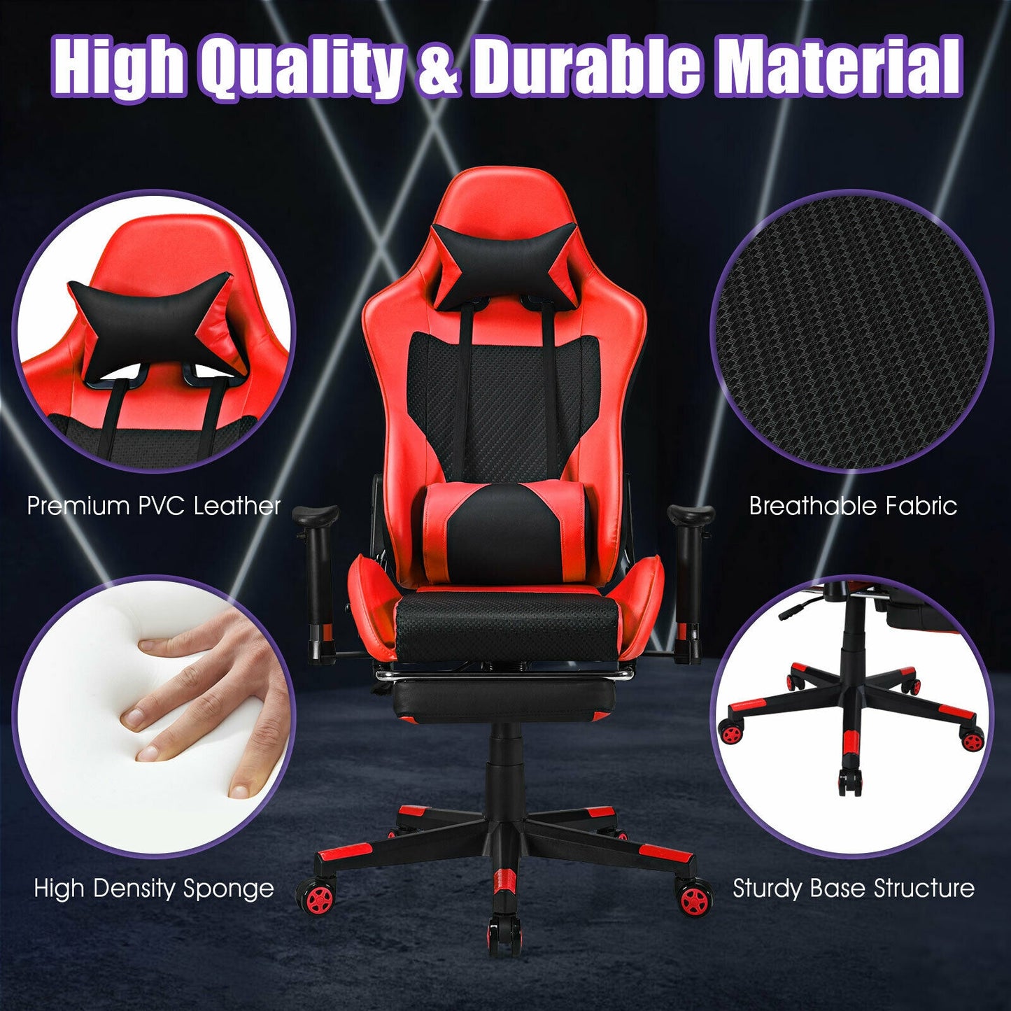 PU Leather Gaming Chair with USB Massage Lumbar Pillow and Footrest-Red Kids Crystal