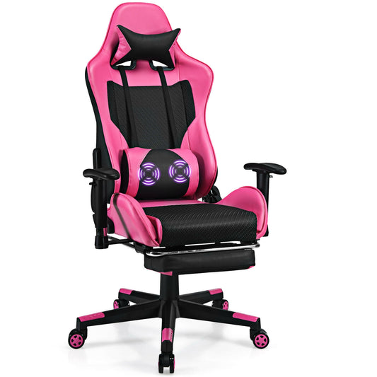 PU Leather Gaming Chair with USB Massage Lumbar Pillow and Footrest-Pink Kids Crystal