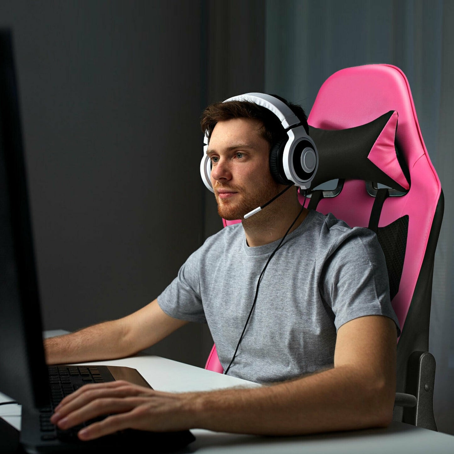 PU Leather Gaming Chair with USB Massage Lumbar Pillow and Footrest-Pink Kids Crystal