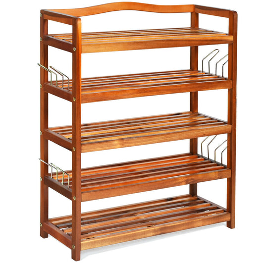 5-Tier Acacia Wood Shoe Rack with Side Metal Hooks Kids Crystal