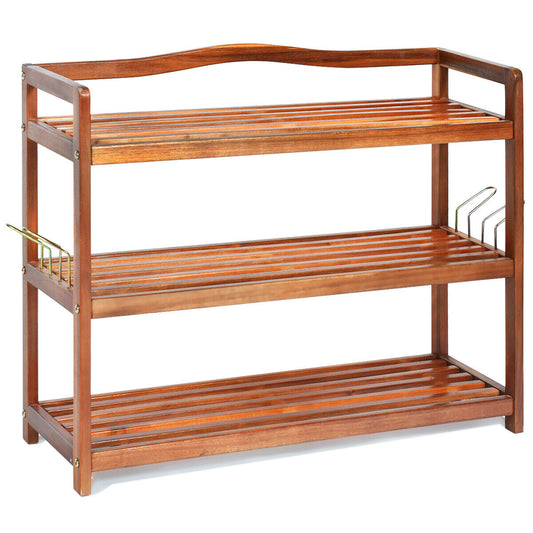 3-Tier Acacia Wood Shoe Rack with Side Metal Hooks Kids Crystal