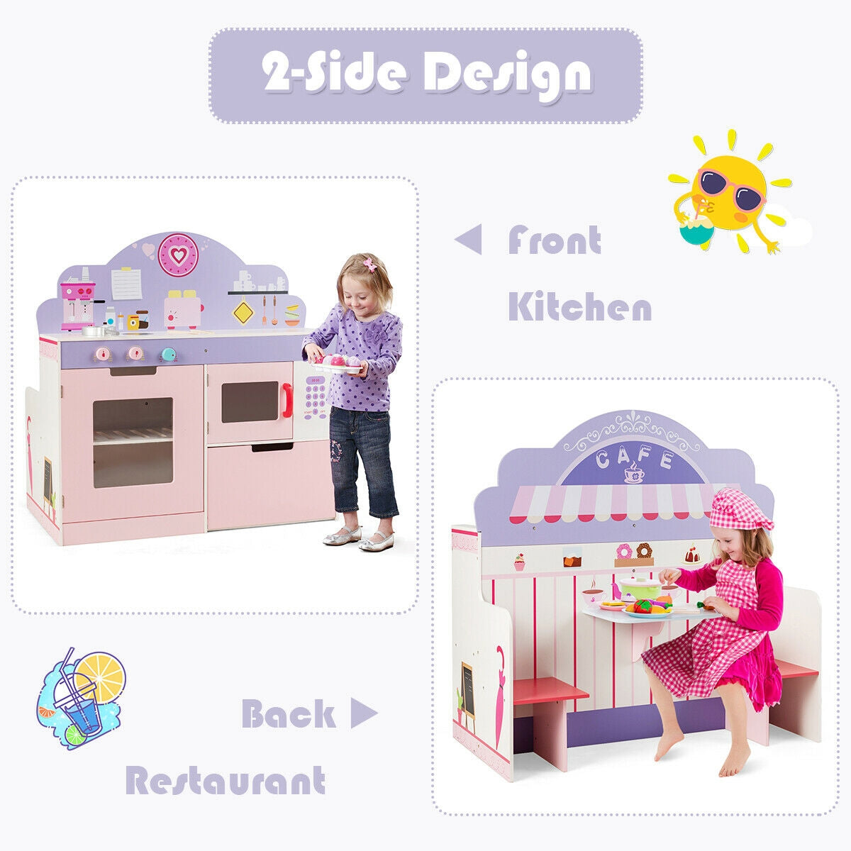 2 in 1 Kitchen and Cafe Pretend Cooking Playset Kids Crystal