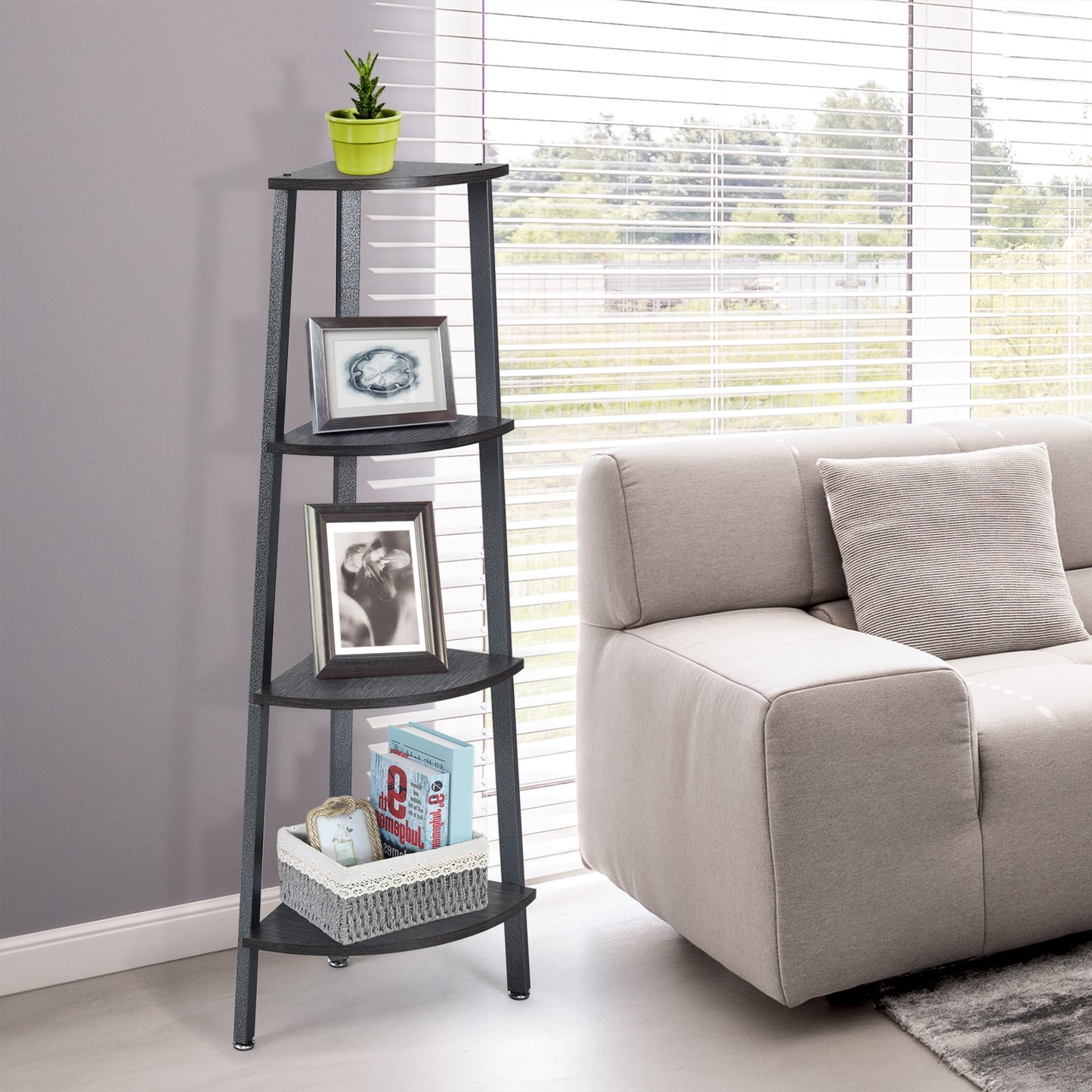 4-Tier Corner Shelf Metal Storage Rack Domestic Bookcase-Black Kids Crystal