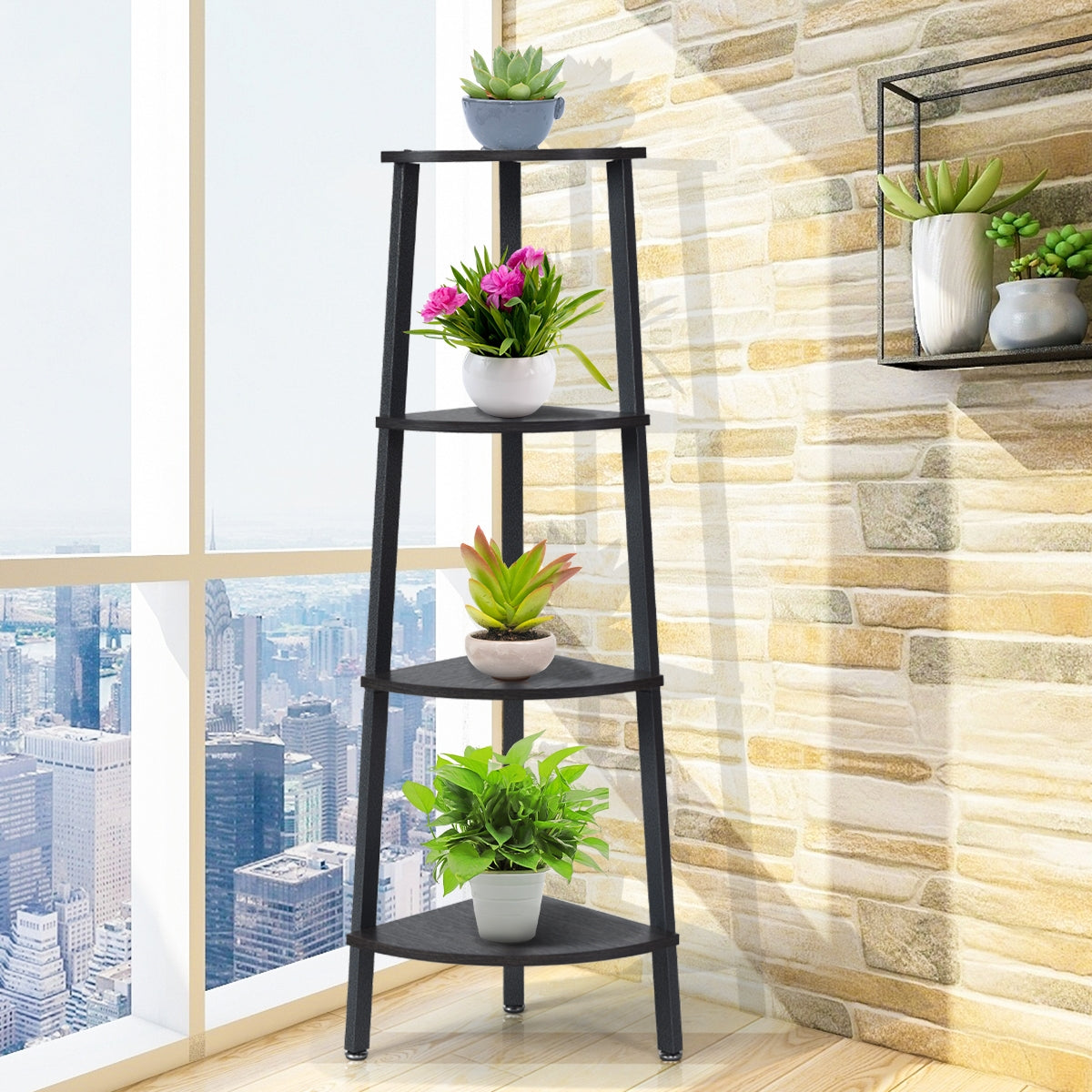 4-Tier Corner Shelf Metal Storage Rack Domestic Bookcase-Black Kids Crystal