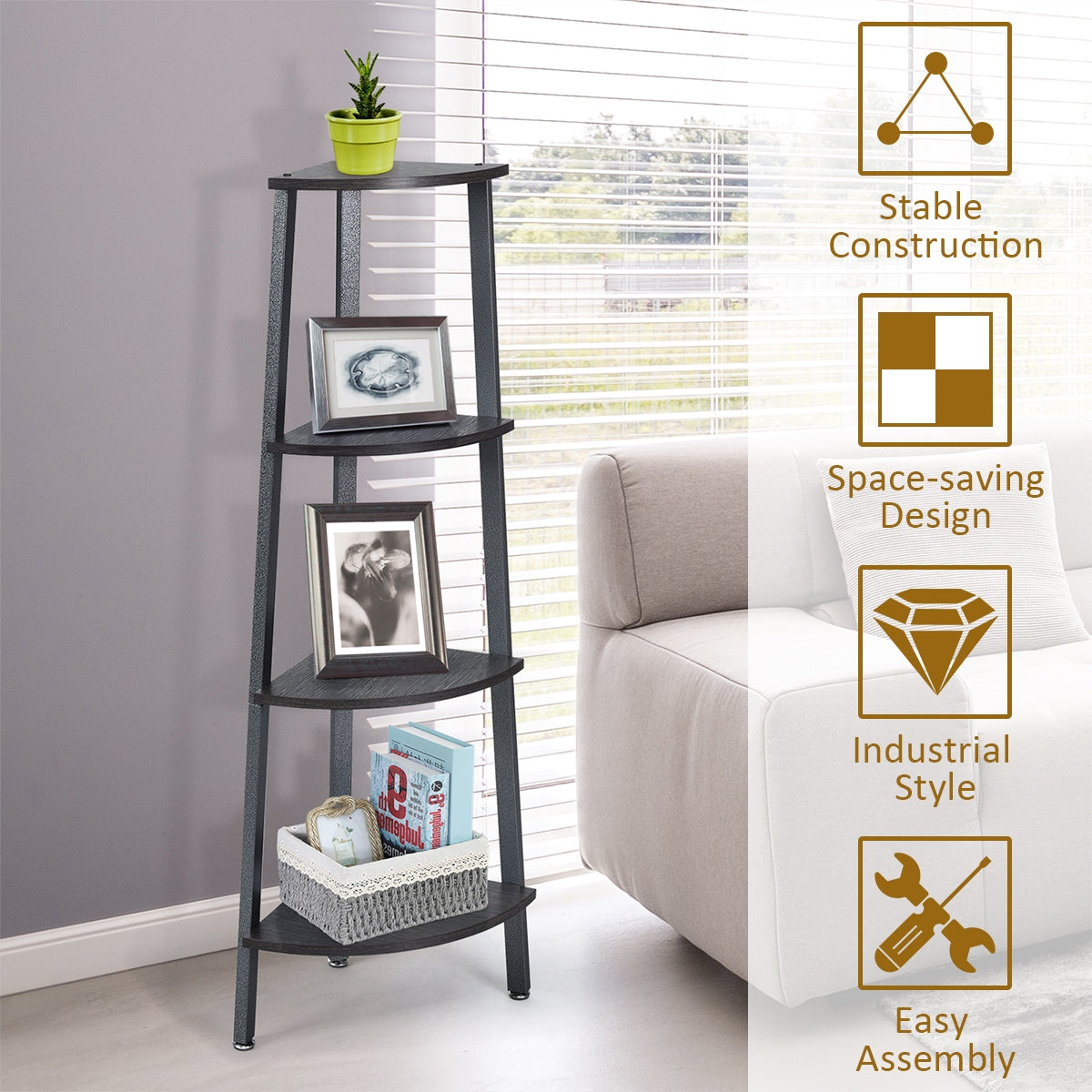 4-Tier Corner Shelf Metal Storage Rack Domestic Bookcase-Black Kids Crystal