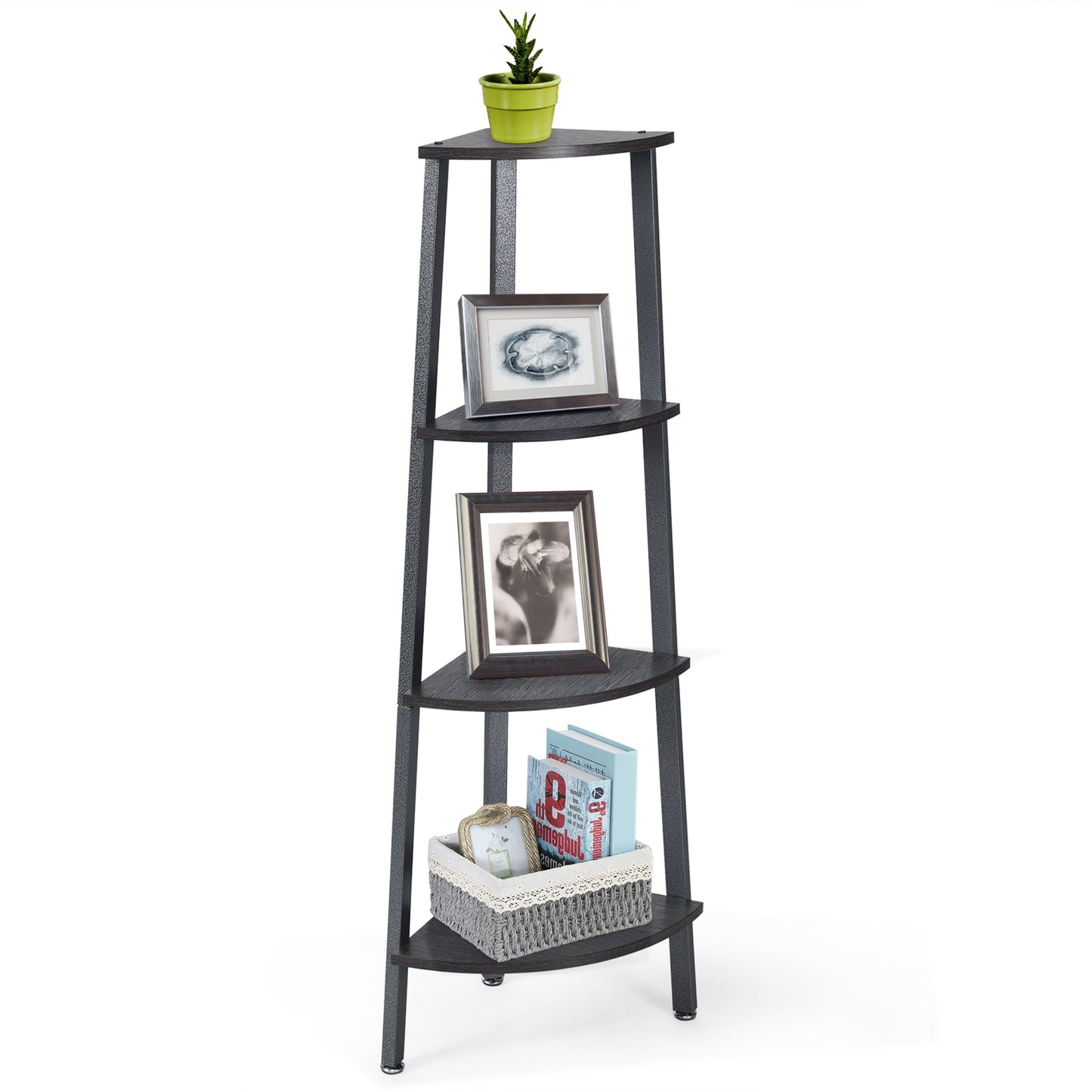 4-Tier Corner Shelf Metal Storage Rack Domestic Bookcase-Black Kids Crystal