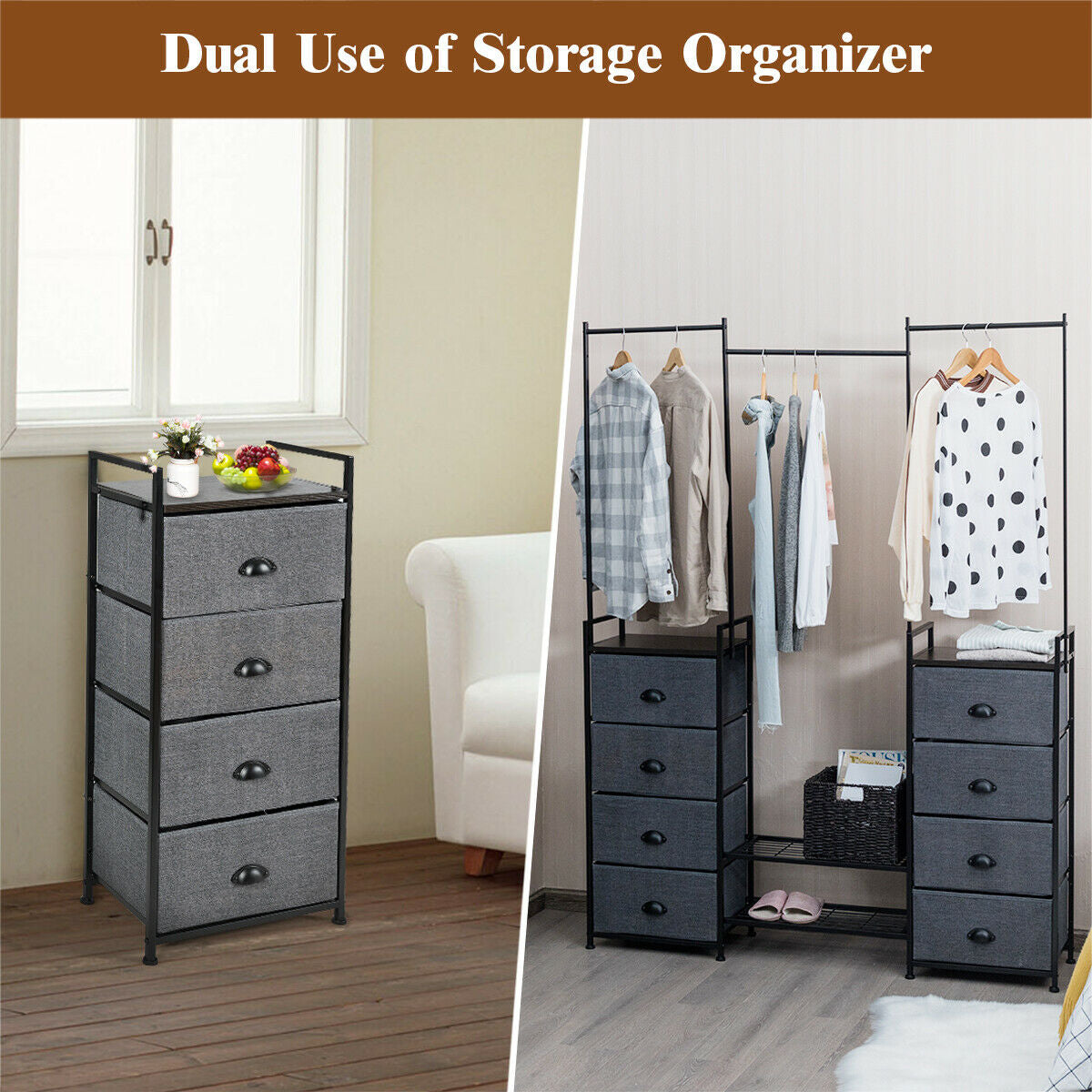 3-in-1 Portable Multifunctional Dresser with 8 Fabric Drawers and Metal Rack Kids Crystal